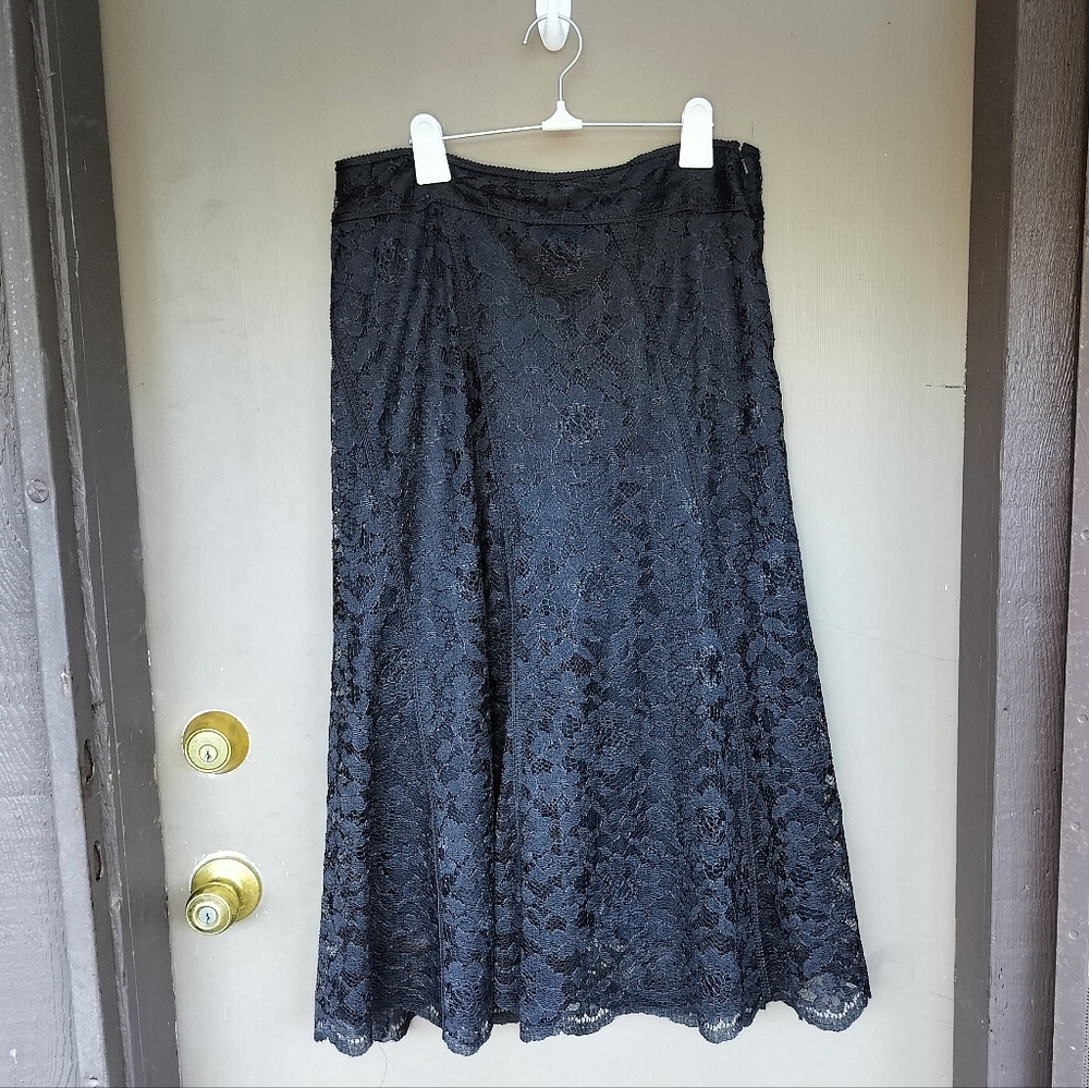Vintage Nine West 90s Y2K Black Lace Midi Skirt Whimsigoth Silk Lined‎